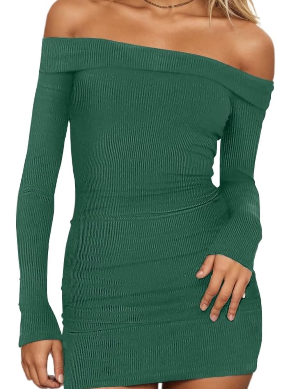Amazon Off-Shoulder Long Sleeve Knit Dress in Olive